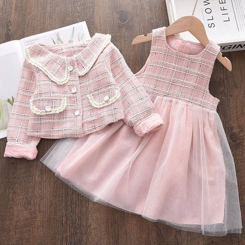Autumn and Winter New Sweet Princess Girl's Clothing Black Children's Set Long Sleeved Cardigan+Vest Mesh Dress Two Piece Outfit
