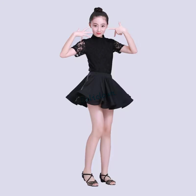 Latin Dance Dress For Girls Short Long Sleeve Lace Standard Ballroom Dancing Dress Skirt Kid Performance Wear Tango Salsa Dress