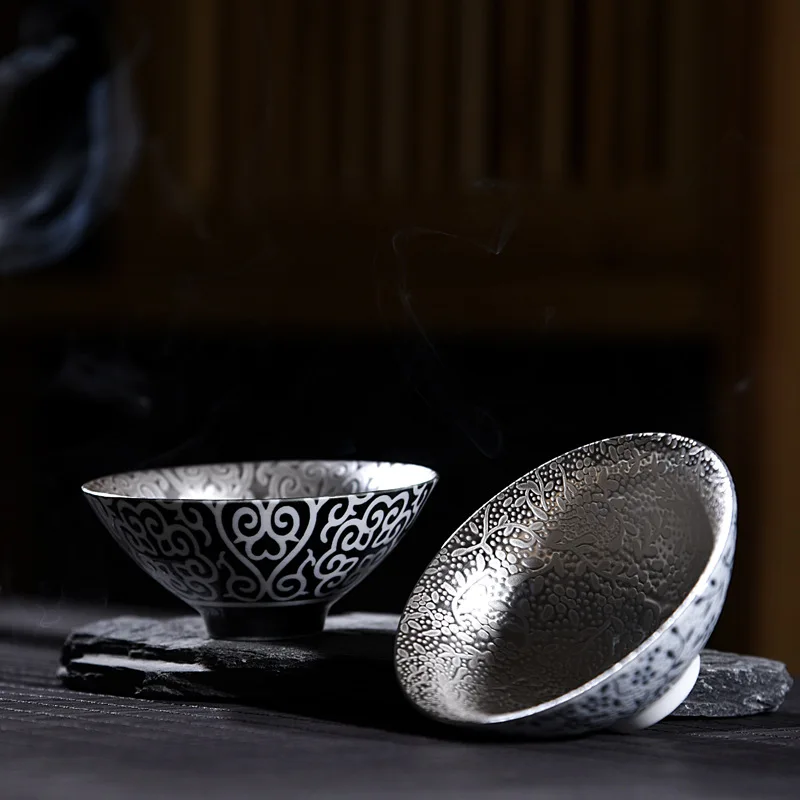 70ml Creative 999 Sterling Silver Master Cup Ceramic Teacups Office Small Tea Bowl Household Handmade Chinese Kung Fu Drinkware