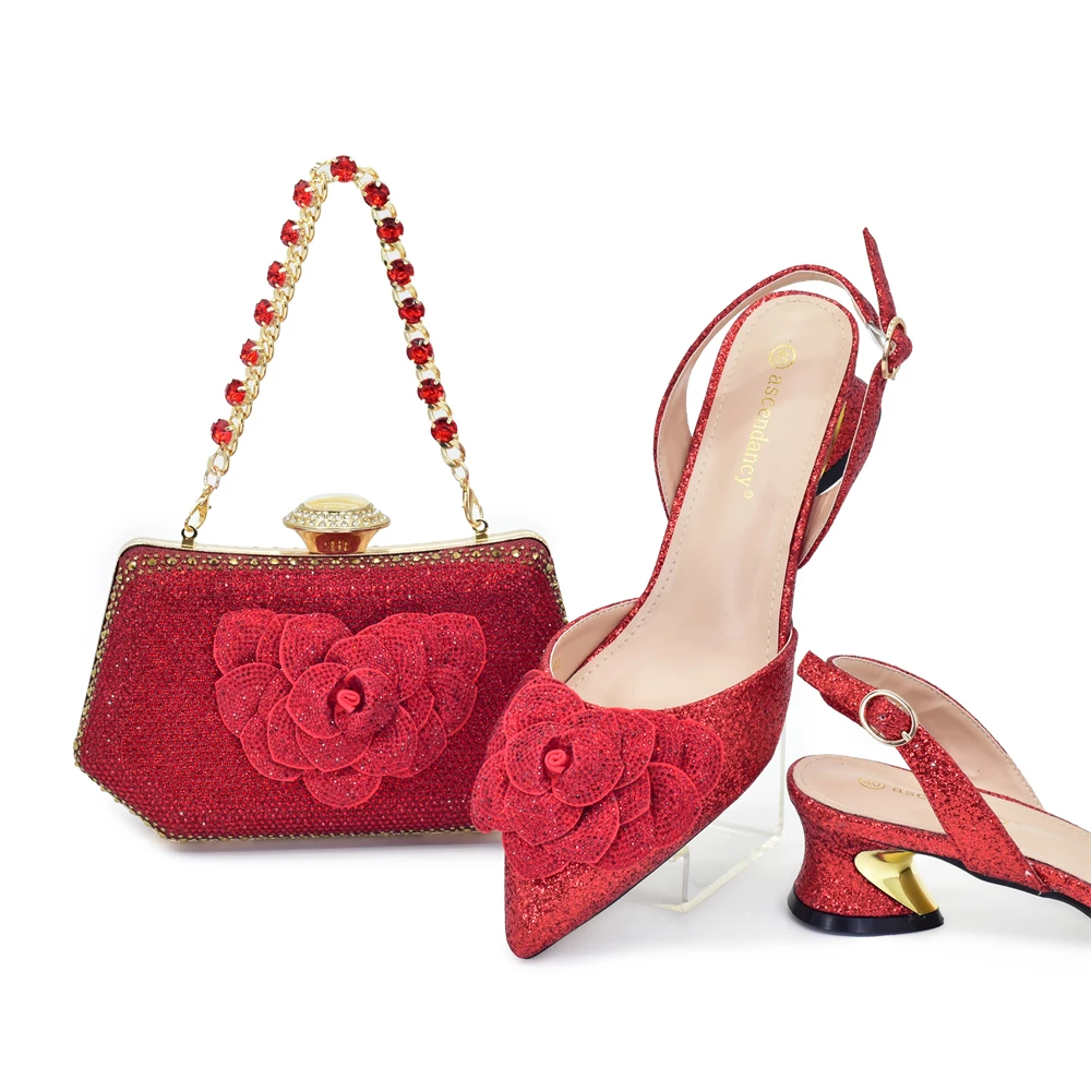 

African Summer PU With Crystal Woman Shoes And Bag Set African Style Pretty Square Heels Shoes And Bag Set For Party Size 38-43