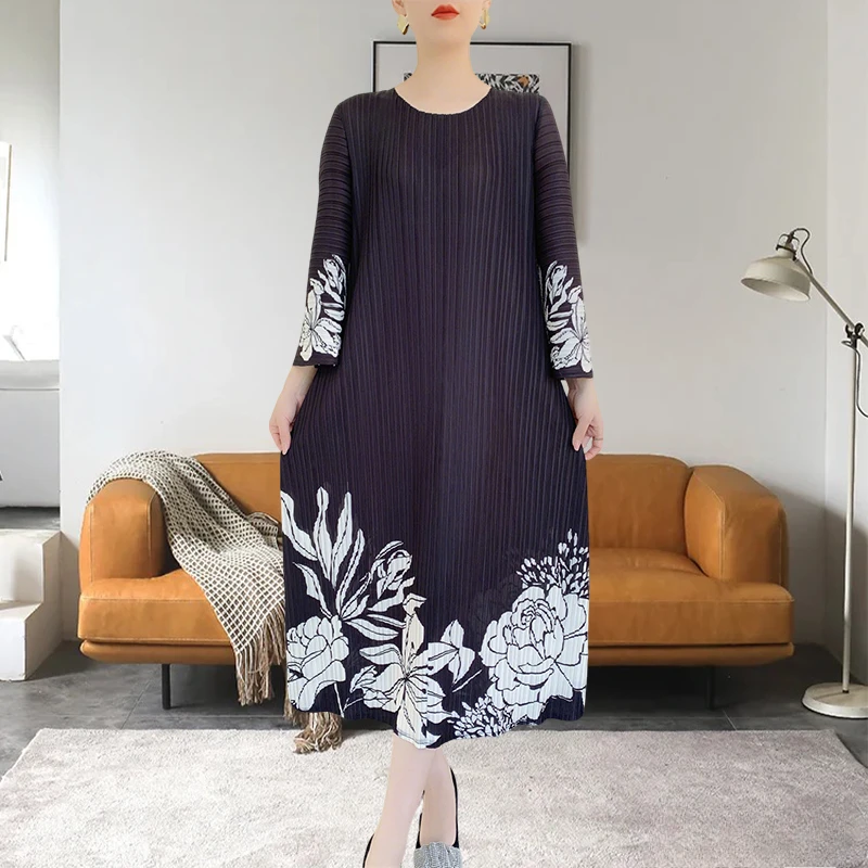 

Miyake High-end Pleated Dresses Women Loose Casual 2025 Spring Summer National New Chinese Printing Medium-length Dress Niche
