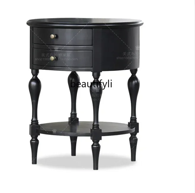 

FAAmerican country solid wood black small round table, French round edge sofa side table coffee table