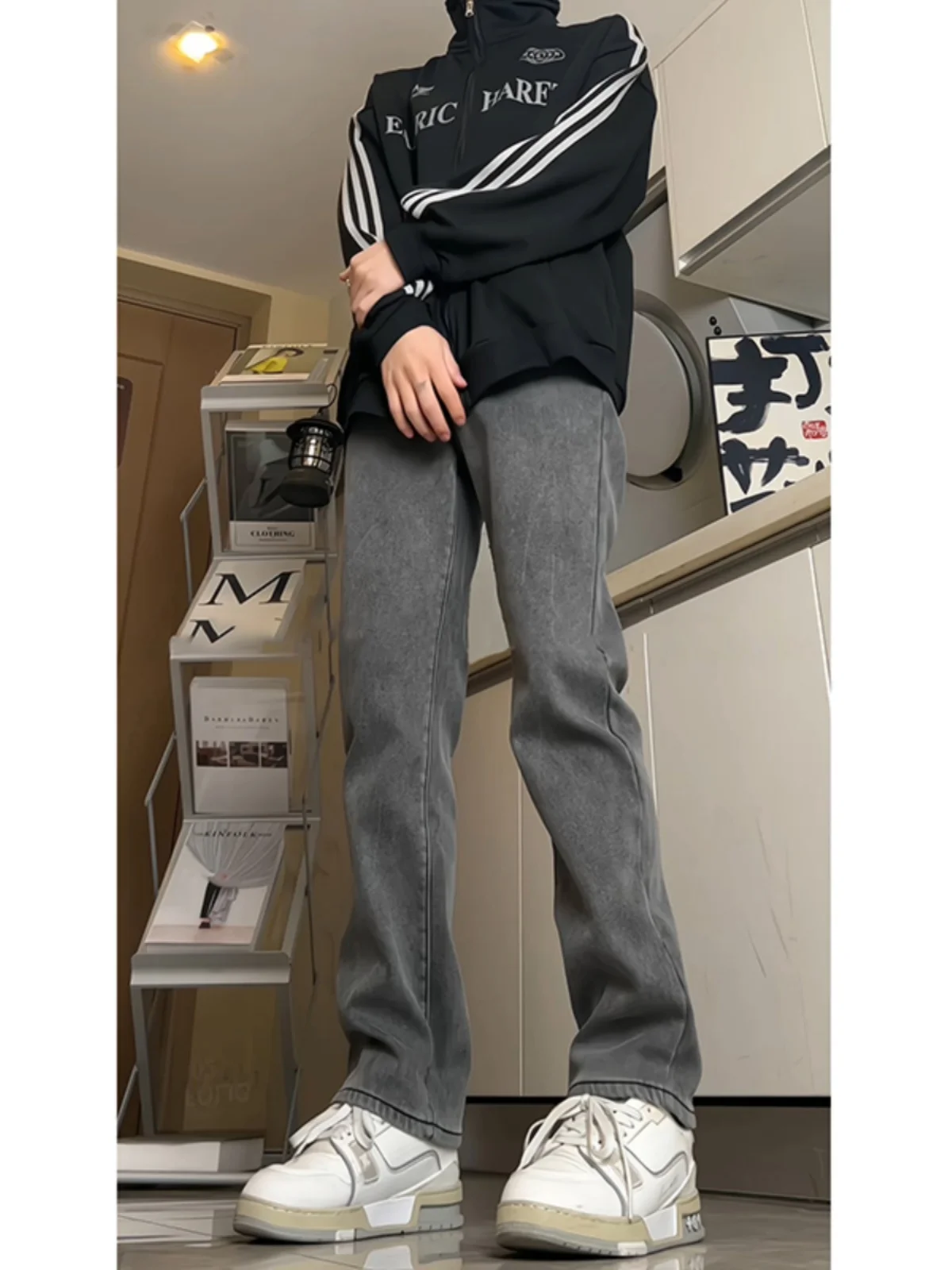 

Teenage Boys Fce Lined Denim Jeans ey e Long Leg Lengthening Autumn Winter American Sle Versatile Loose Straight L...