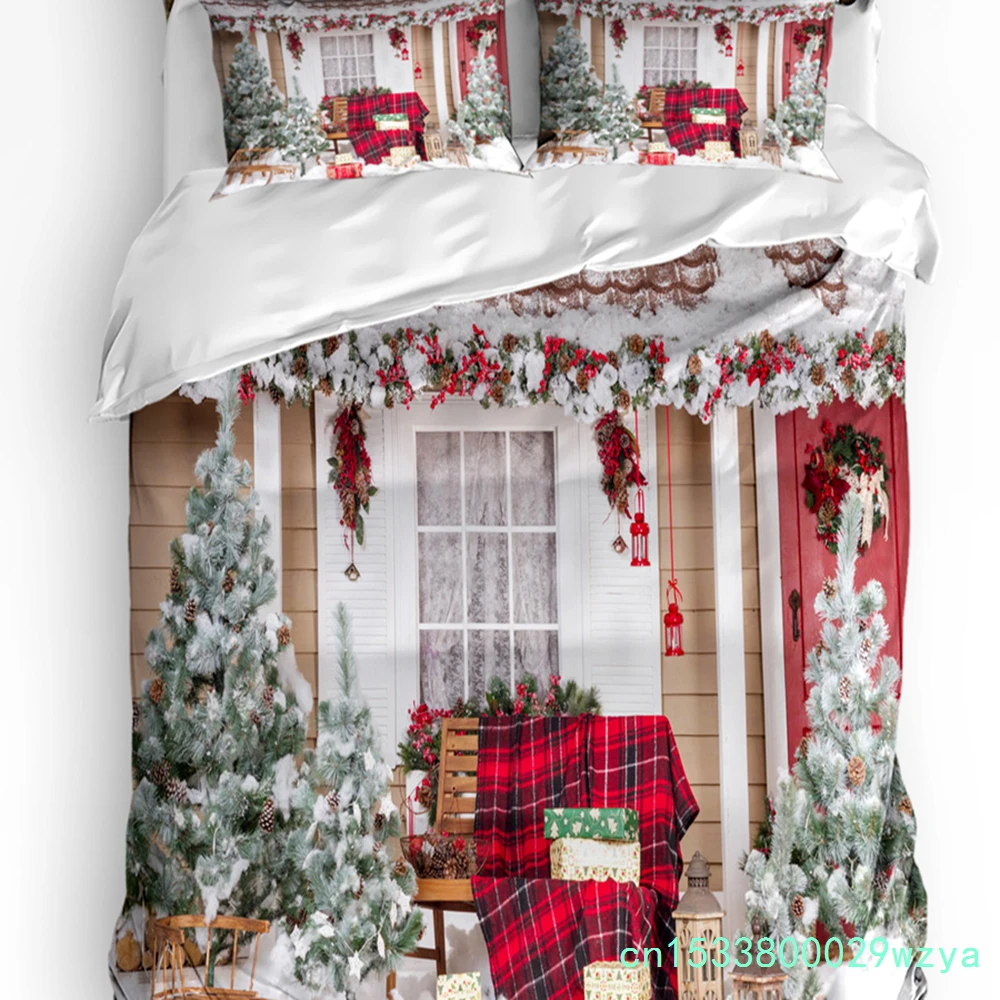 Christmas Tree House Printed Comfort Duvet Cover Pillow Case Home Textile Quilt Cover Boy Kid Teen Girl Luxury 3pcs Bedding Set