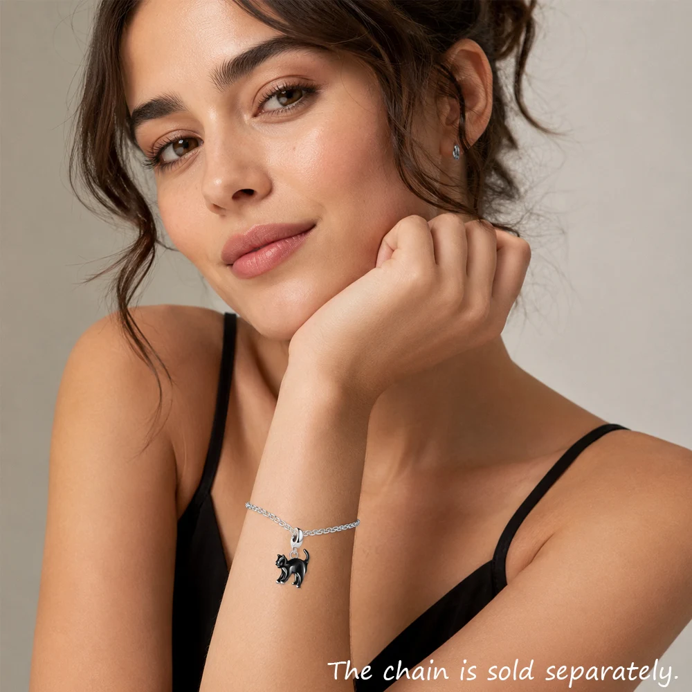 Schwarzer Katzen-Anhänger mit baumelndem Anhänger, brandneues 925er-Sterlingsilber, trendiges Geschenk für Damen und Herren, Schmuck – Detail 1