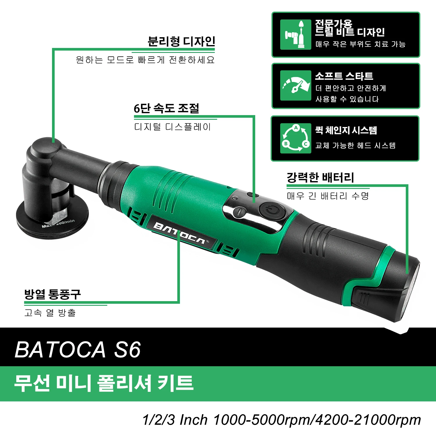 BATOCA S6 Cordless Mini Car Polisher 12V Cordless Polisher for Detailed Polishing RO&DA Buffer Polisher with Mini Polishing Pads