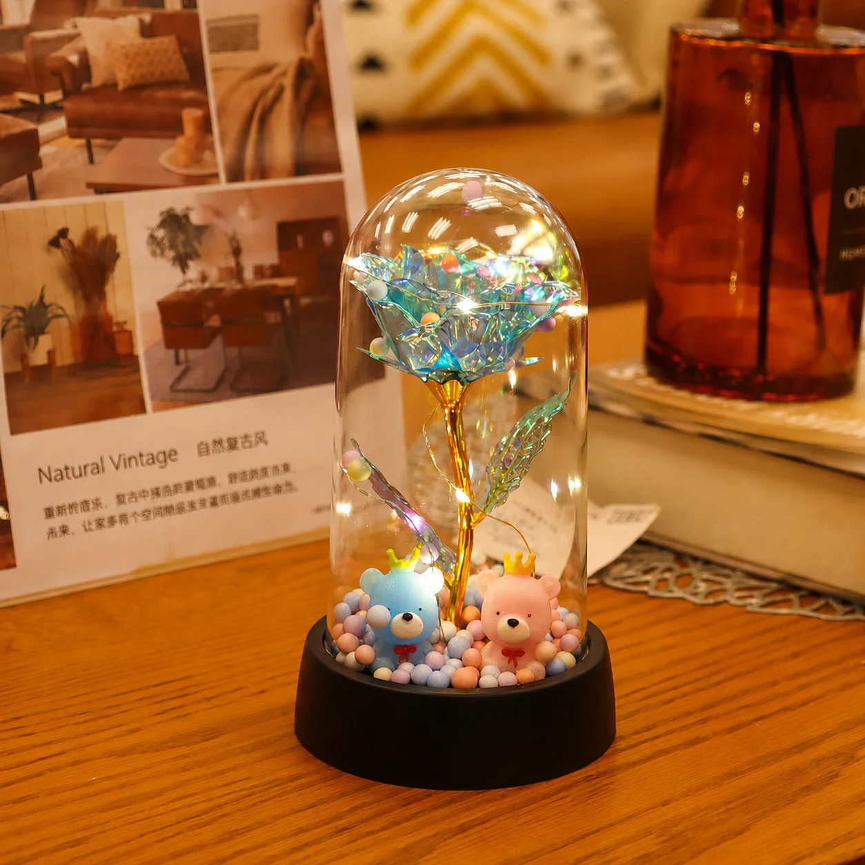 Führte Valentinstag Geschenk für Freundin ewige Rose Licht 24 Karat Goldfolie Blume in Glas abdeckung Muttertag Hochzeit Brautjungfer Geschenk