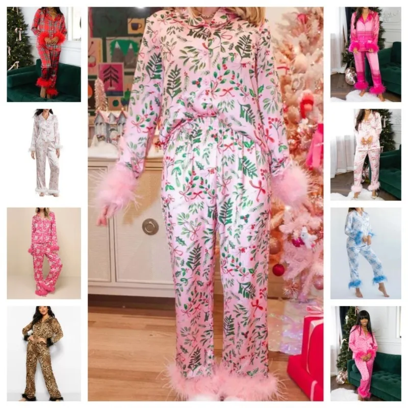 Adult Christmas Costume New Year Christmas Pajamas Set Feather  Cosplay Costume Sleepwear Nightwear Women Homewear Long Sleeve