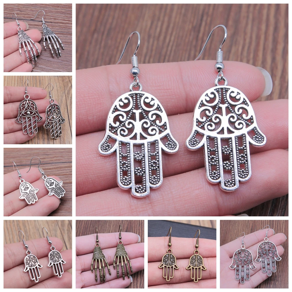 10 Styles Fashion Antique Bronze Antique Silver Color Gothic Skeleton Palm Fatima Hamsa Hand Earrings Dangle Drop For Women