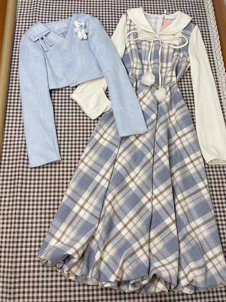 

Осенне-зимний элегантный винтажный комплект из 2 предметов для женщин во французском стиле, модное тонкое короткое пальто с длинными рукавами + клетчатое платье, шикарный костюм, новинка