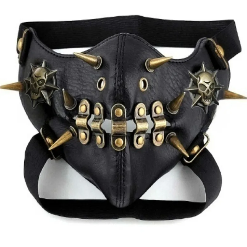 ผู้ชายผู้หญิงสีดํา PU หนัง Rivet Skull Punk Rock หน้ากาก Lady's Breathable Party คอสเพลย์ฮาโลวีนปาก-muffle R3367