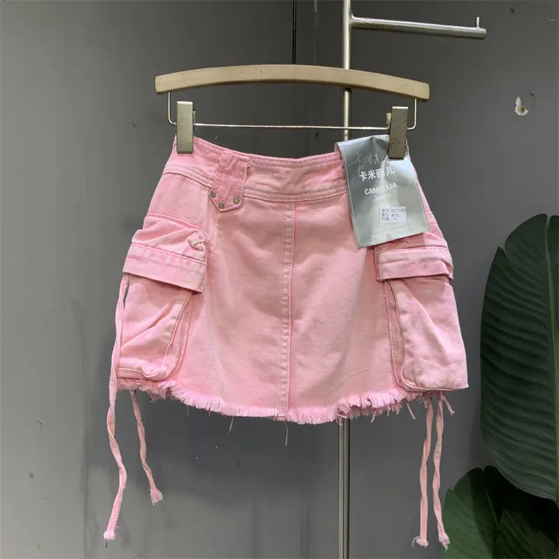 Saia jeans rosa com bolsos grandes, design de botões, cintura alta, ajuste fino, A-Line, retro, versátil, novo estilo, verão, Y2K, 2024