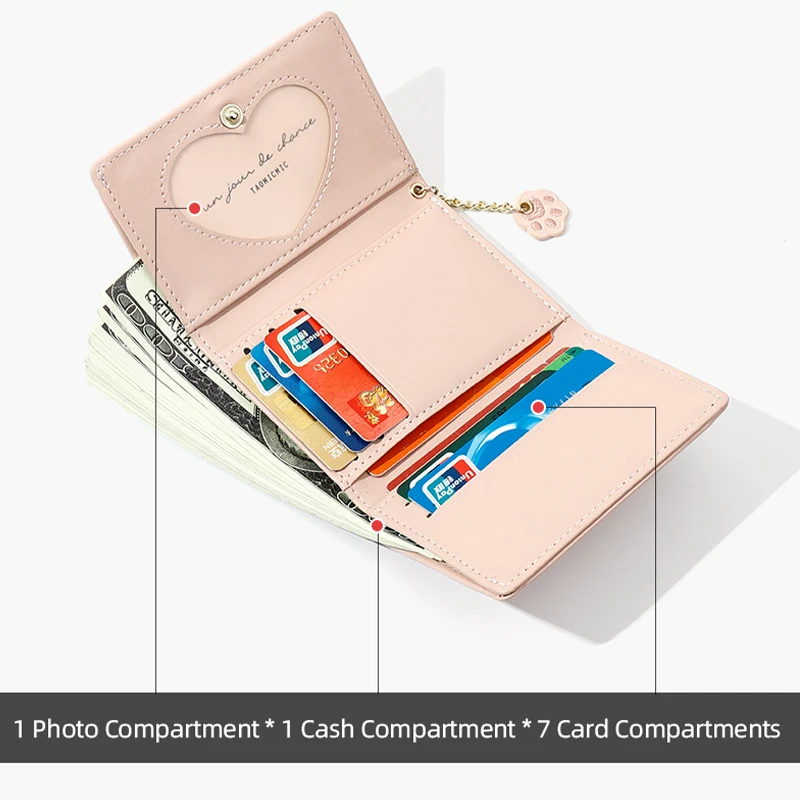 New Cartoon Cute Coin Leather Bag Women's Short Three-fold Multi-card Buckle Girl's Small Storage Wallet Student Purse Pink Sky