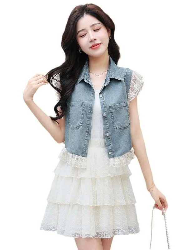 Gilet di jeans con giunture in pizzo da donna ort Sle Summer New Small Fraance Wind Capispalla Sottile irt Jaet Materiale in misto cotone
