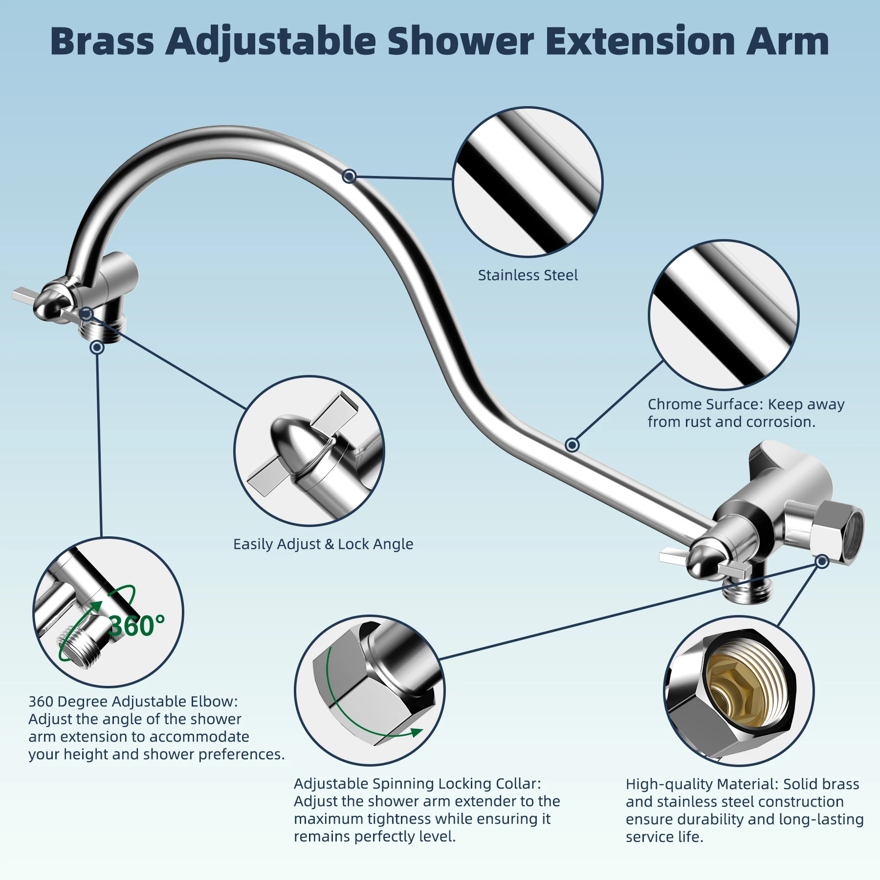 All Metal Shower Head, 8'' High Pressure Rainfall Shower Head, Handheld Showerhead Combo with 12'' Adjustable Extension Arm
