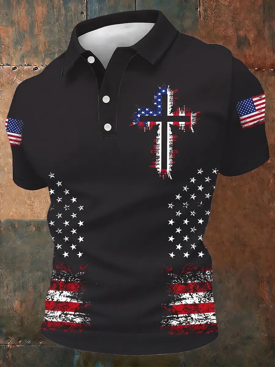 Men's American Flag Print Polo Shirt, 