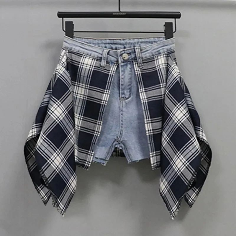 2025 Summer new patchwork denim shorts for women high-waisted slim irregular A-line hot shorts skirt Female street short jeans