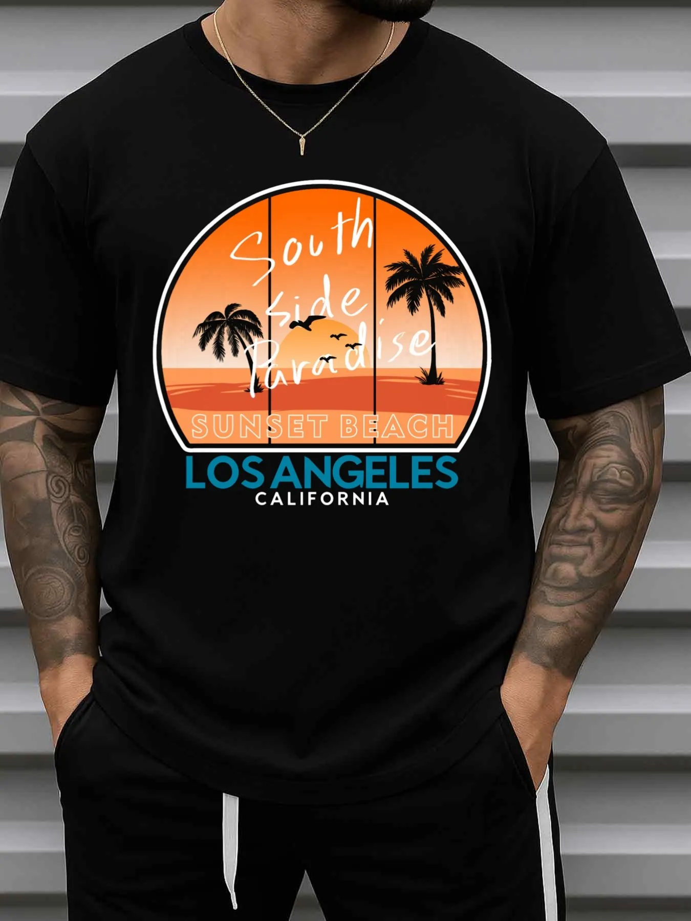 Men's Southern Paradise Los Angeles Graphic T-Shirt - Black Retro Beach Sunset Palm Tree and La Letter Print, Hip-Hop Street Casual Round Neck Short-Sleeve T-Shirt, Suitable for Casual Wear, Spring and Summer Outfits, and California Style