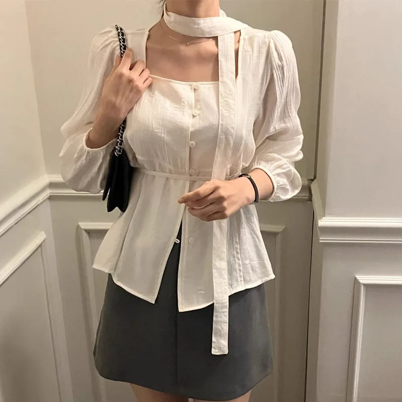 เสื้อเชิ้ตผู้หญิงแขนยาวผูกเชือก คอเหลี่ยม กระดุมแถวเดียว สีพื้น เรียบหรู ดูดี มีสไตล์ สำหรับฤดูใบไม้ผลิและฤดูใบไม้ร่วง