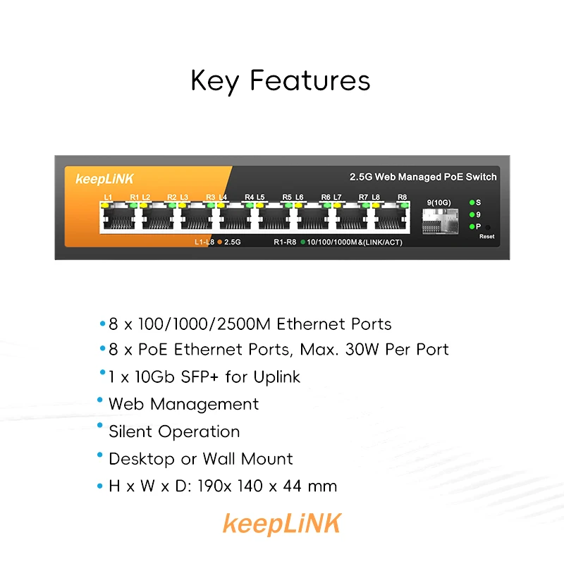 KeepLiNK 9-Port Multi-Gigabit Web-Managed Switch 8 x 2.5Gbps PoE+ Ports 1 x 10Gb SFP+ Uplink for Home and Office