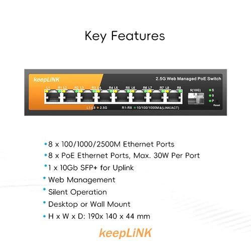 Imagen 2 del producto Conmutador administrado multigigabit de 9 puertos KeepLink con PoE de 8-2,5 Gbps y enlace ascendente SFP+ de 1-10 Gb