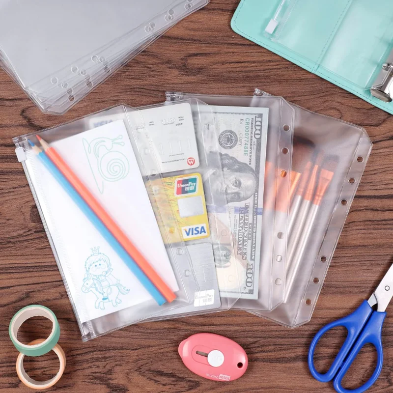 10PCS A6 Binder Pockets 6 Holes Cash Envelopes for Budgeting, Clear Zipper Folders for 6-Ring Binder, Waterproof PVC Organizer
