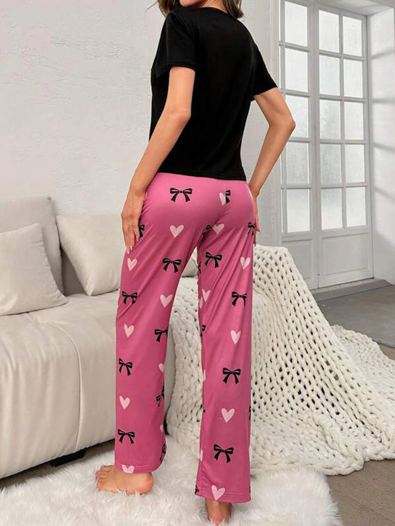 Cozy Heart Bow Knot Pajama Set For Women Lightweight Soft Short Sleeves Sleepwear crew Neck Top Loungewear Set