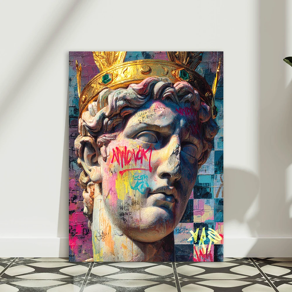 Graffiti King Wall Art Poster Statue Head with Crown Prints Pop Street Art Print Colorful Royal Decor Modern Pop Culture Decor