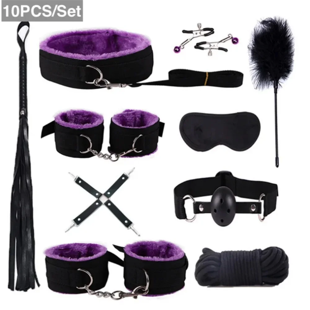 10PCS BDSM Bed Restraints Sex Toy Kits Handcuffs 18+ Adult Sex Game Sexy Suit Nipple Clipper Mouth Gag Whip Sex Feather Soft SM