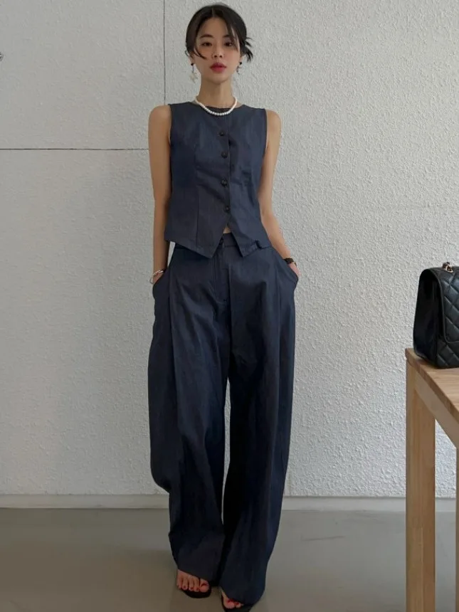 

Облегающий топ на бретелях с высокой талией и широкими штанинами, повседневные брюки, комплект из двух предметов, женский летний комплект Faion Commute Sle, стандартный крой