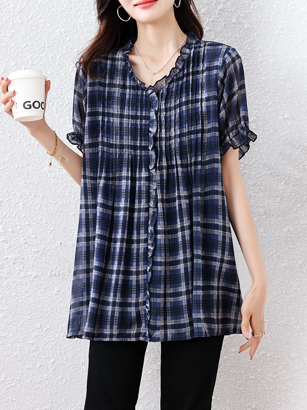 Faionable High-End Plaid Chiffon irt Donna Plus Size Estate Sciolto Codice grande Copertura della pancia di media lunghezza Dimagrante Alla moda irt