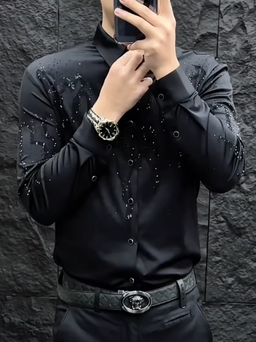 Autumn Fashion Casual Men's Long Sleeve Shirt Luxury Glitter Seamless Diamond Treatment Youth Trendy Business Casual Shirt