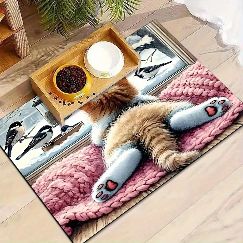 2D Flat Cat Watching Birds Window Pink Blanket Flannel Area Rug Non Slip Cute Pet Carpet For Living Room Bedroom Floor