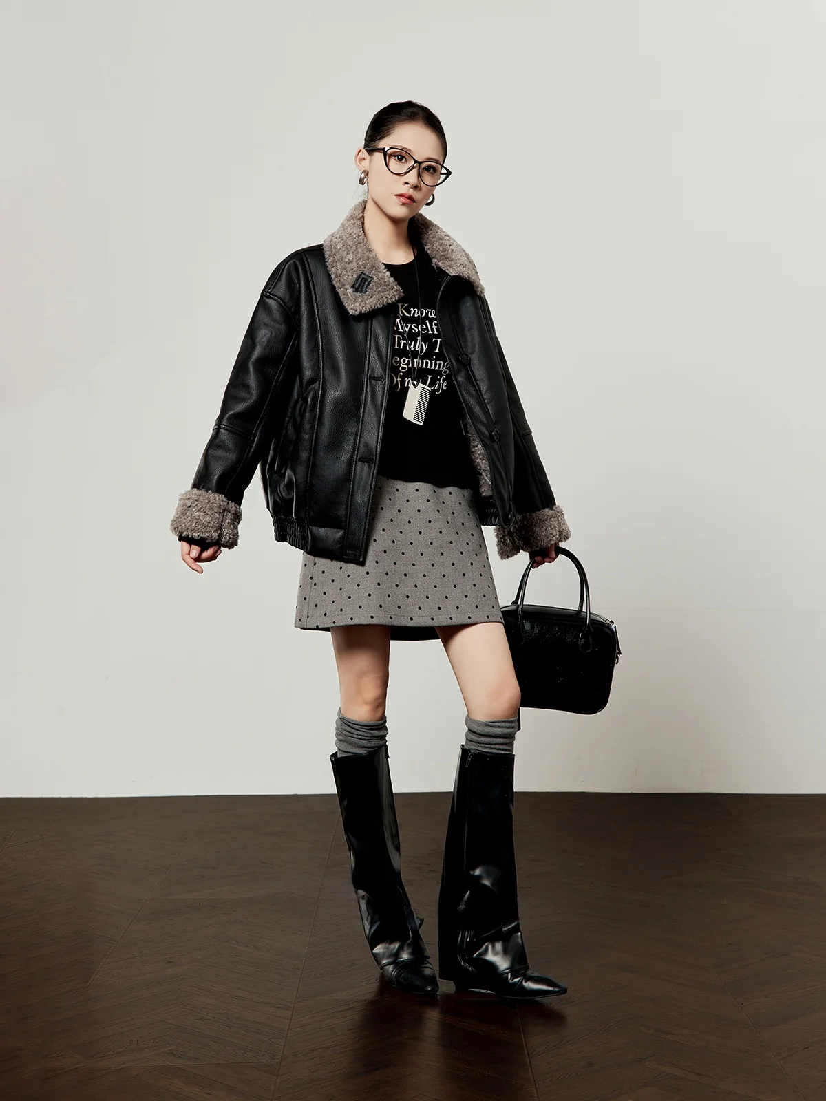 Kurtka damska z naszywkami ze skóry i futra, luźny krój, styl dojazdowy do pracy, modna, jesienna nowość.