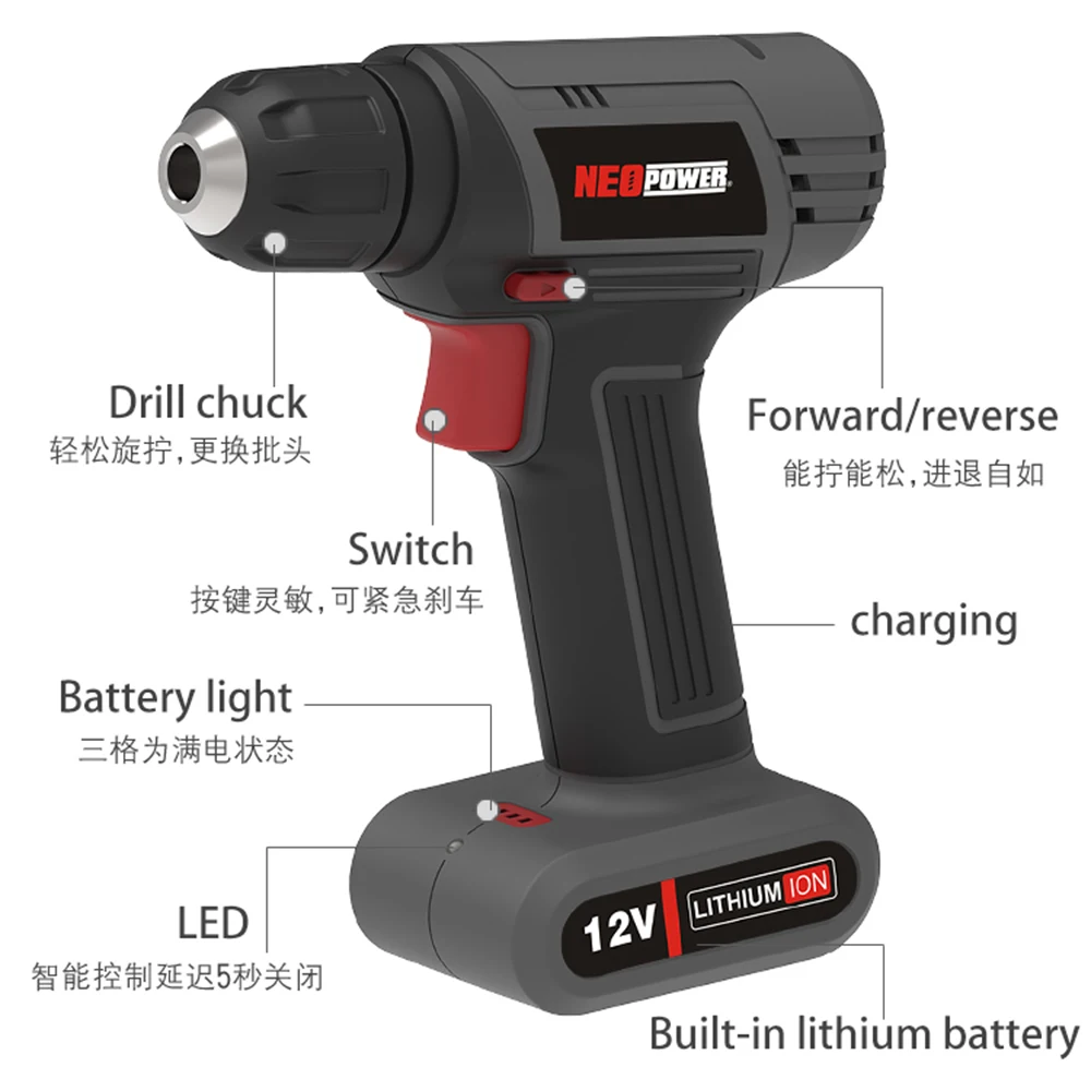 Mini Cordless Drill Driver,12V Electric Screwdriver Tool+LED Work Light,High Torque 45N.m,3/8Inch Keyless Chuck,18+1