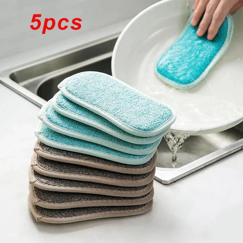 5pcs Double Sided Scouring Pad Reusable Microfiber Dish Cleaning Cloths Scrubbing Sponges Dishcloth