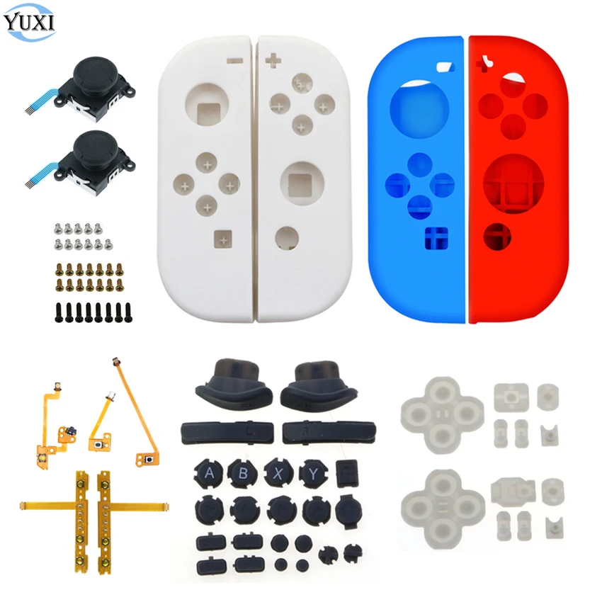 YuXi For Switch NS Joy Con Controller White Shell Housing Cover Full Set Buttons ABXY SL SR SL SR L R Button Flex Cable & Screws