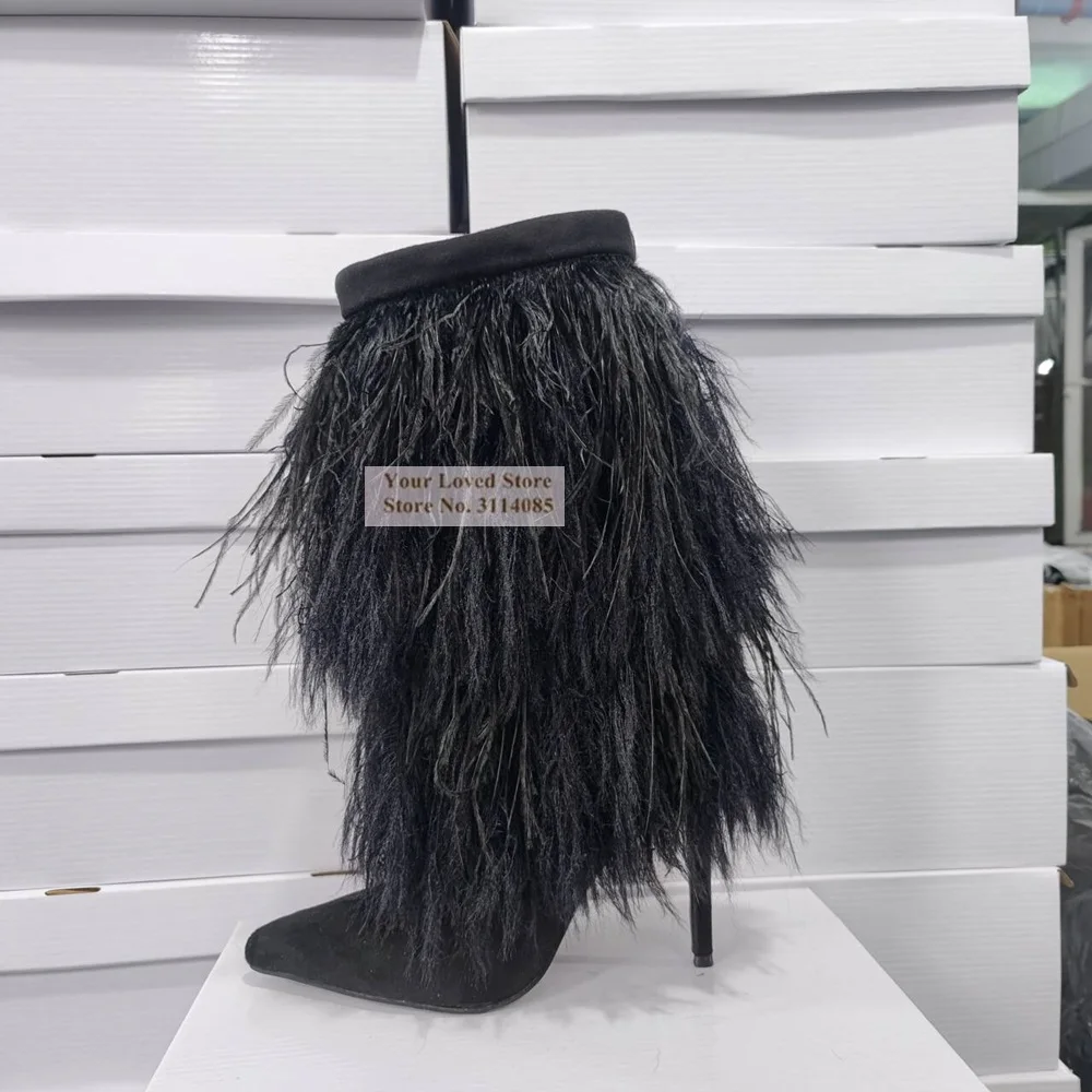 Luxury Black Feather Fur Mid-Calf Boots Black Suede Stiletto Heel Fluffy Fringe Middle Boots Warm Plush Outdoor Shoes Real Photo