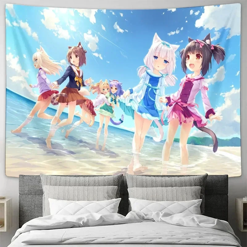 

VIKAMA Cute Anime Tapestry, Nekopara Cat Girls Beach Wall Cloth for Bedroom, Living Room, Dorm & Bohemian Home Decor