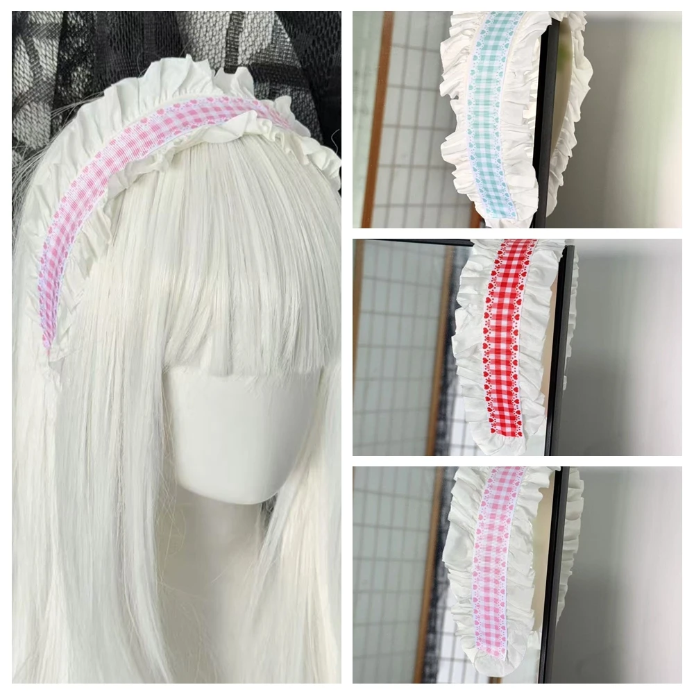 

1Pcs Women Sweet Lace Heart-shaped Grid Pattern Lolita Headband Headdress Maid Cosplay Hair Accessories Headwear Headpiece