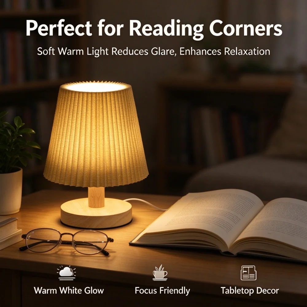 1 PC Wooden Base Foldable Fabric Table Lamp with USB Power Supply and Three Color Lighting