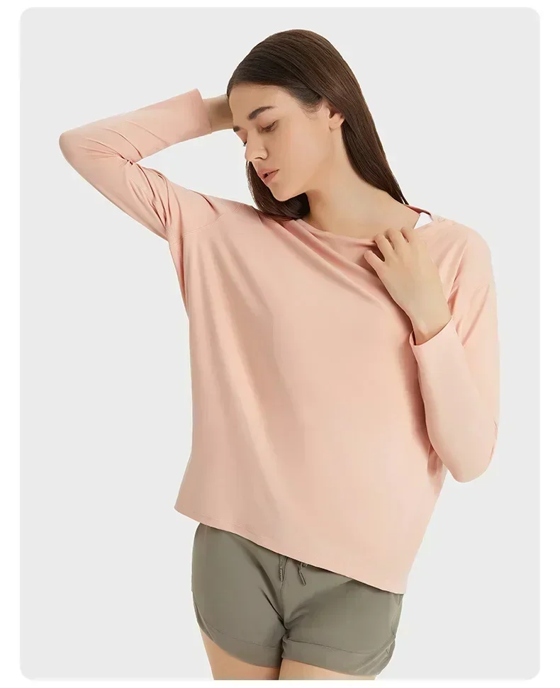 

Solid Color Women Long Sleeved Loose Breathable T-Shirt Sports Flowing Tee Moisture Wicking Athletic Shirts Hem Shirt Tunic Top