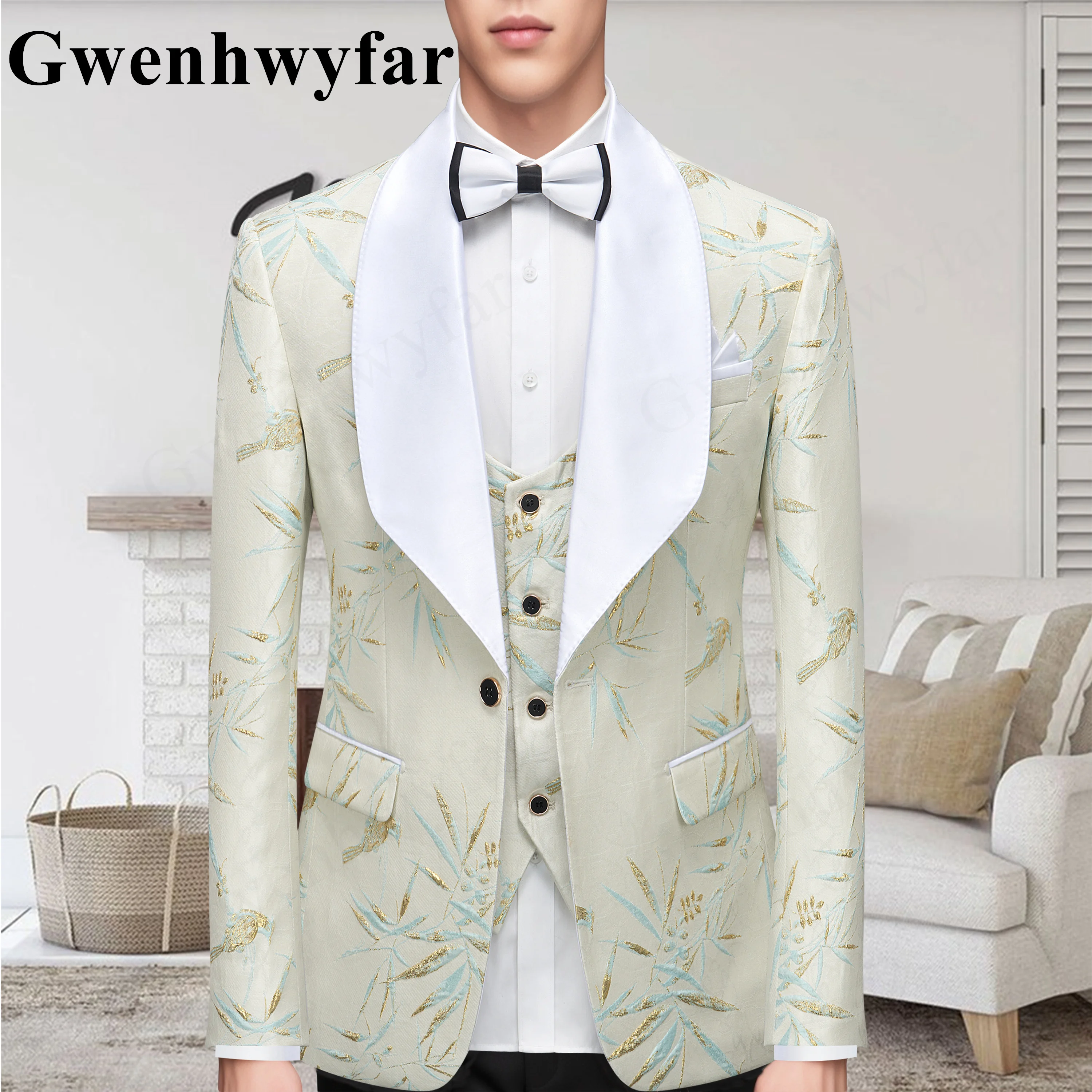 

Gwenhwyfar Customized New Bamboo Leaf Pattern Fabric Single Breasted White Lapel Business Casual 3 Pcs （Blazer+Pant+Vest)