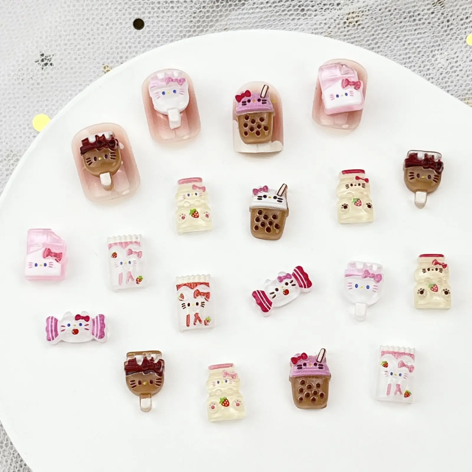 

50Pcs Cartoon KT Cat Nail Accessories Cute 3D Ice Cream Stick Milk Tea DIY Resin Nail Accessories