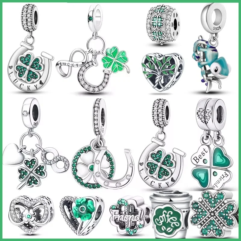 

925 sterling silver green clover coffee cup chameleon women's fashionable charm bead, suitable for DIY bracelets