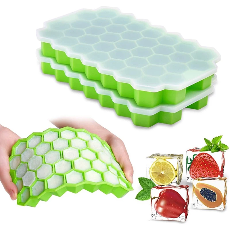 37-grid Silicone Ice Cube Mold With Cover Cellular Mesh Stackable DIY Ice Mold Reusable Food Grade Kitchen Utensils Silicone Ice