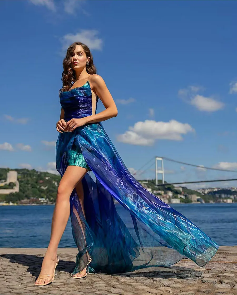 2024 New Sexy Sea Evening Dresses for Women Strapless Sleeveless Seaside Party Beautiful Blue Prom Dress