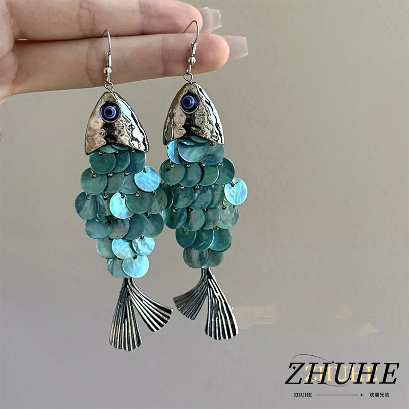 Boho Mermaid Tail Tassel Jewelry Accessories for Women, Color Shift Abalone Disc Fish Earrings, Hammered Evil Eye Copper Alloy E