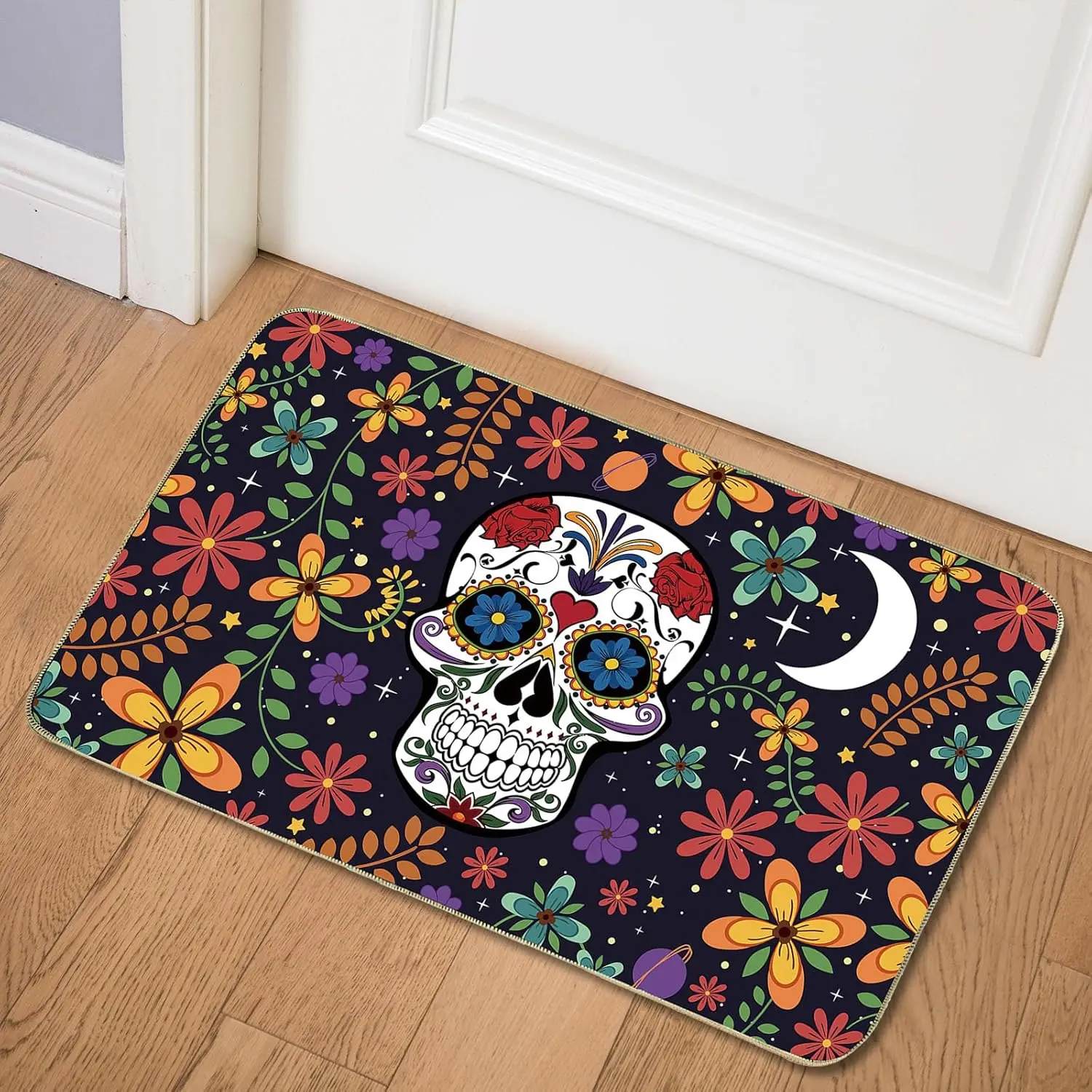 Mexican Day of The Dead Skull Flower Entrance Doormat Decor Bathroom Anti-slip Foot Pad Bedroom Front Door Mat Halloween Decor
