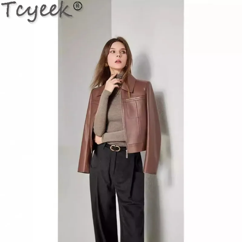 Tcyeek-女性のための本革のジャケット,本物のシープスキンコート,短い革のジャケット,春と秋の服